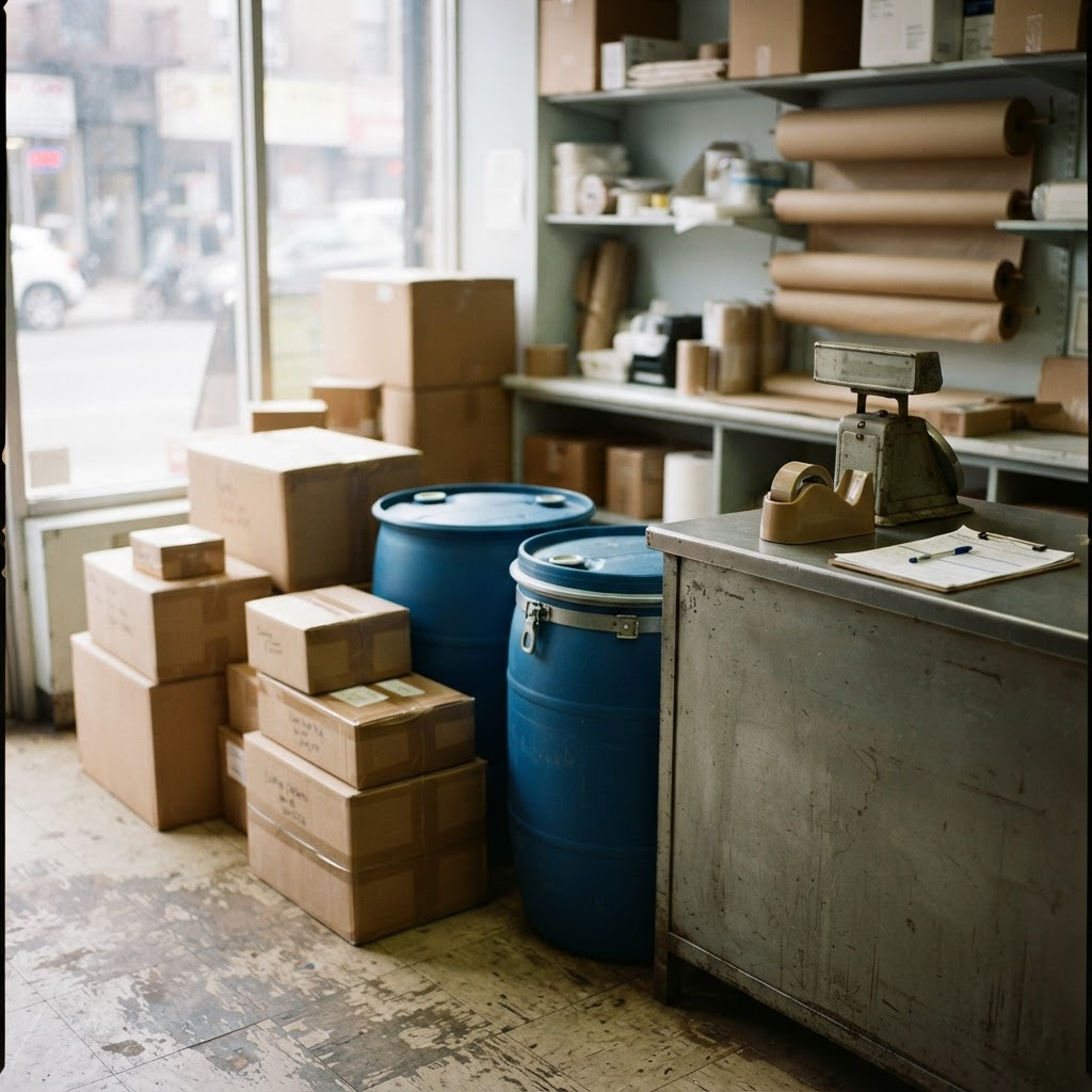 Shipping boxes, blue shipping barrels, and a weighing scale at the counter of the shop
